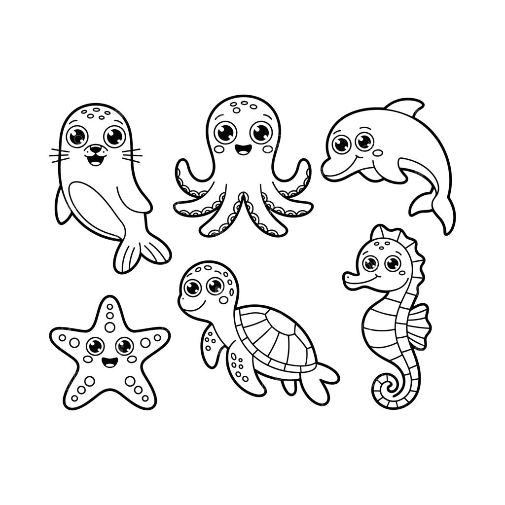 مجموعه‌ای از طرح‌های خطی حیوانات بامزه دریایی کارتونی، موجودات اقیانوسی به صورت سیاه و سفید برای کتاب رنگ‌آمیزی کودکان.