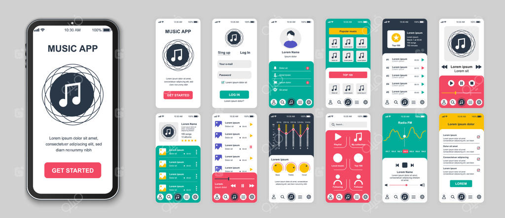 مجموعه صفحات اپلیکیشن موزیک موبایل برای قالب‌های وب؛ شامل موکاپ‌های ورود، لیست پخش، موزیک پلیر، اکولایزر، تنظیمات و پخش آنلاین. کیت رابط کاربری (UI/UX) با طراحی وکتور