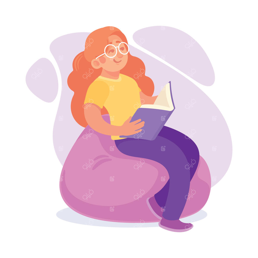 تصویر دختر جوانی که روی بین بگ نشسته و کتاب می‌خواند