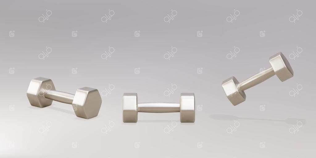 سه دمبل طلایی واقع‌گرایانه در پس‌زمینه خاکستری - تصویر وکتور.
