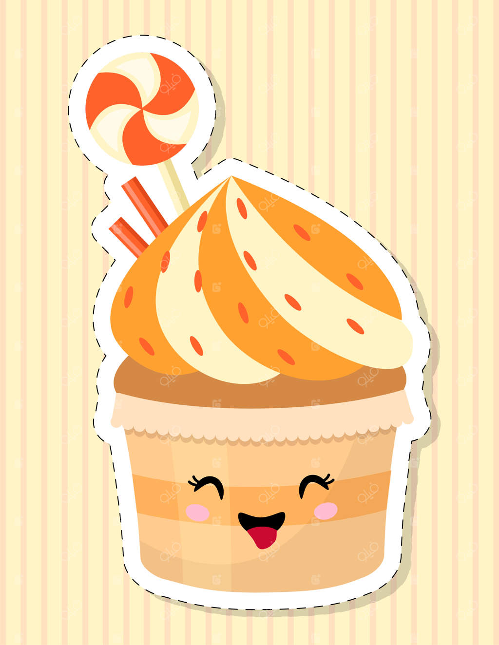 شخصیت کارتونی بامزه کیک کاپ. کیک تزیین شده با خامه و آب‌نبات. برچسب رنگارنگ.