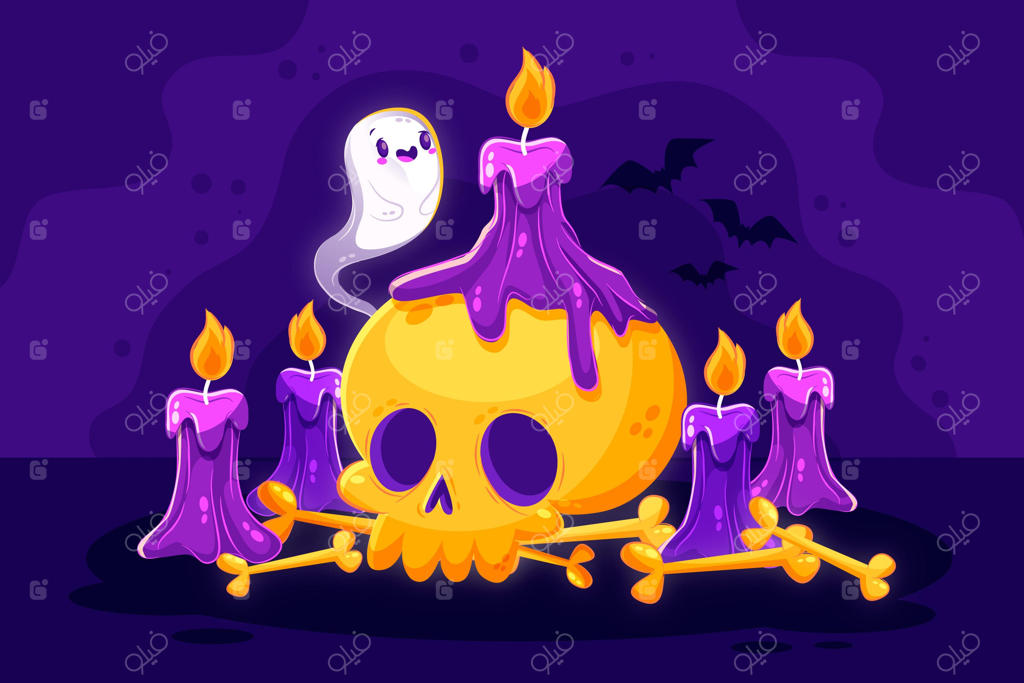 پس‌زمینه طراحی تخت هالووین با جمجمه و شمع‌ها