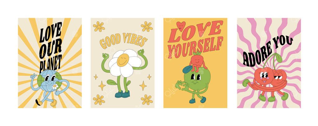 مجموعه پوسترهای رترو جذاب با کاراکترهای زمین، گل، سیب، توت‌فرنگی و گیلاس همراه با شعار تایپوگرافی برای چاپ