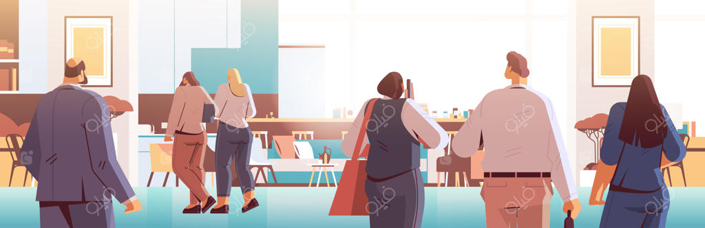 تصویر کارتونی گروهی از تاجرها در دفتر کار دیده از پشت - پرتره افقی