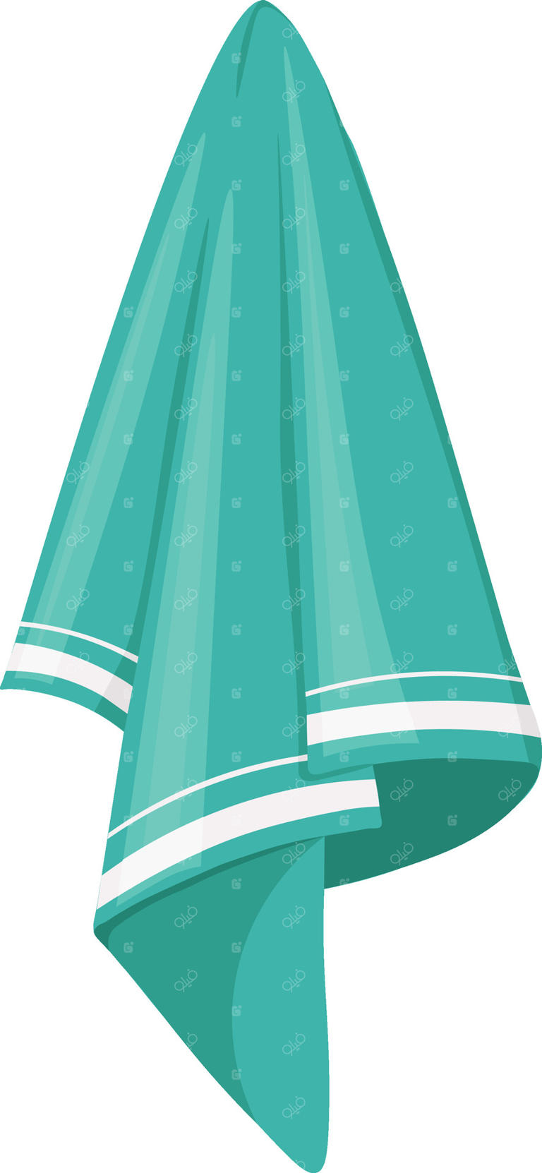 حوله فیروزه ای نرم با نوارهای سفید در حال خشک شدن پس از دوش تازه، ایجاد حس بهداشت و آرامش در فضایی شبیه به آبگرم