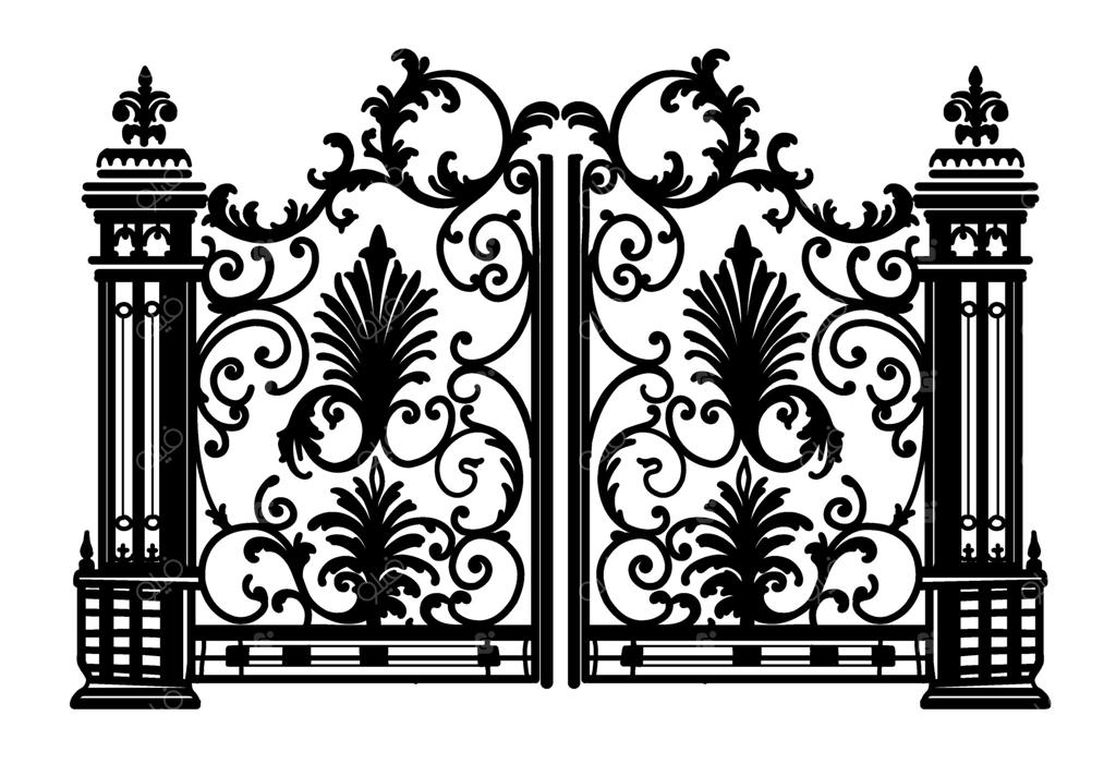 دروازه فلزی عتیقه: طرح سیاه و سفید از درهای باغ آهنی و زیبای تاشو به سبک کلیسا با پیچک‌ها و برگ‌ها.