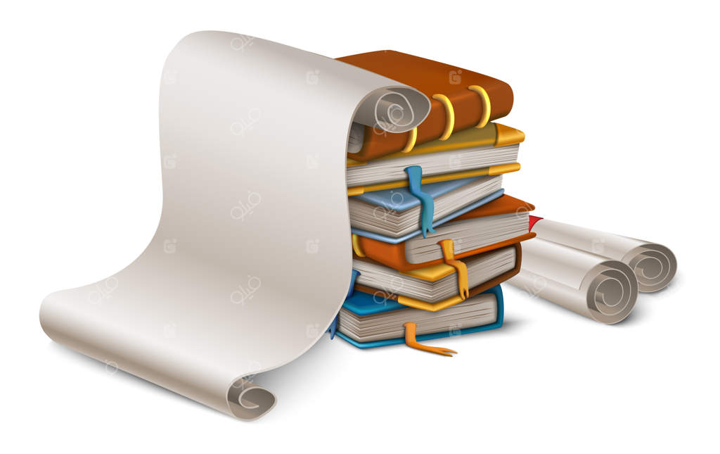 طرح کارتونی از دسته کتاب‌ها و کاغذ سفید