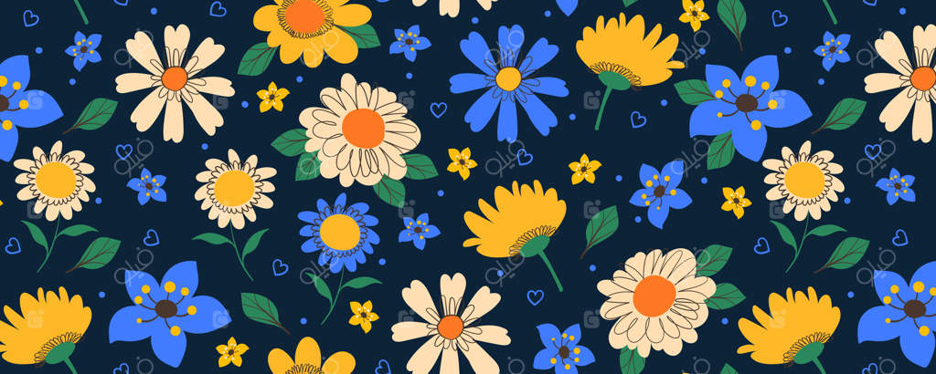 پترن گل با طرح‌های دوست‌داشتنی از گیاهان و برگ‌ها. طراحی یکپارچه با گل‌های تابستانی و بهاری بر روی پس‌زمینه آبی. طراحی دست‌کشیده باغ ظریف، ایده‌آل برای چاپ، مد و کارت‌ها.