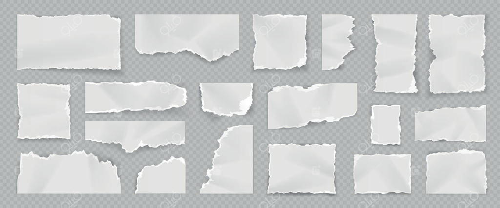 تکه‌های واقعی کاغذ سفید پاره، ریش‌ریش و خط‌خطی. صفحه خالی دفتر پاره شده. مربع‌های کاغذ خرد شده. مجموعه وکتور کاغذ یادداشت نامرتب