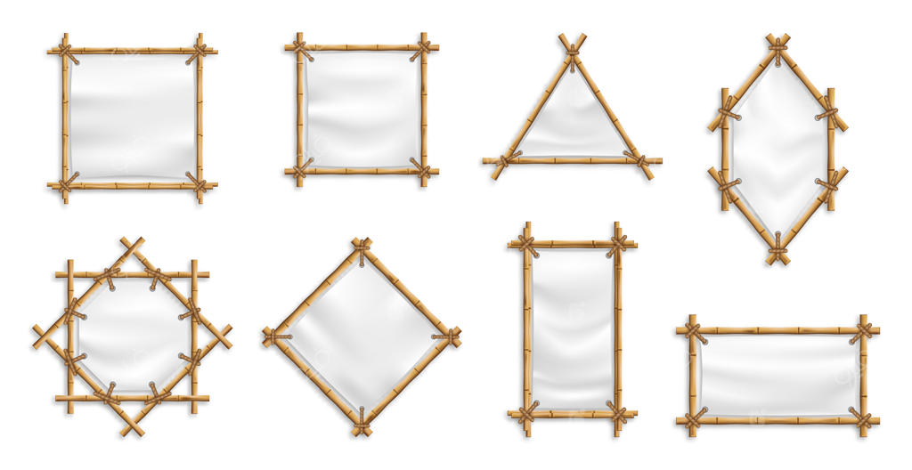 مجموعه قاب‌های بنر بامبو: بامبو با پارچه. علائم چینی با بنرهای پارچه‌ای خالی.