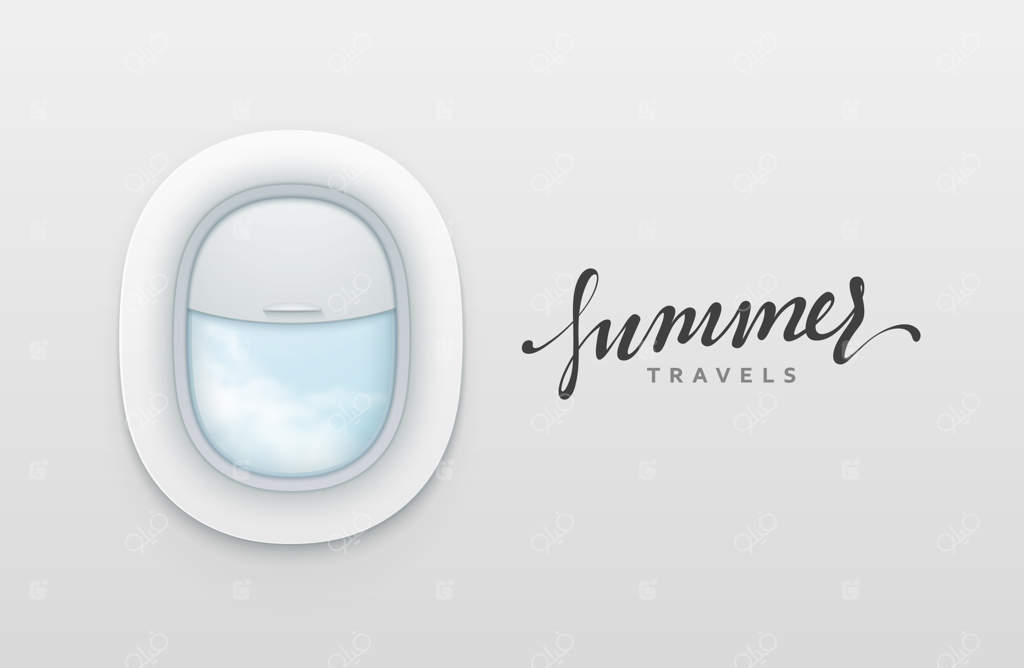 بنرهای طراحی سفرهای تابستانی: دریچه‌های واقعی هواپیما. تصویرسازی پنجره سفید هواپیما.