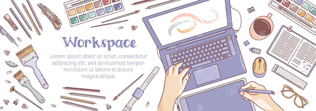 بنر افقی فضای کار. میز کار هنرمند یا طراح با لپ‌تاپ، رنگ و قلم‌مو، دفترچه، ماگ، تبلت گرافیکی، فلش مموری و عینک. سبک دودل (Doodle). اداری. مناسب برای وب‌سایت، پوستر و تراکت‌های فروش.