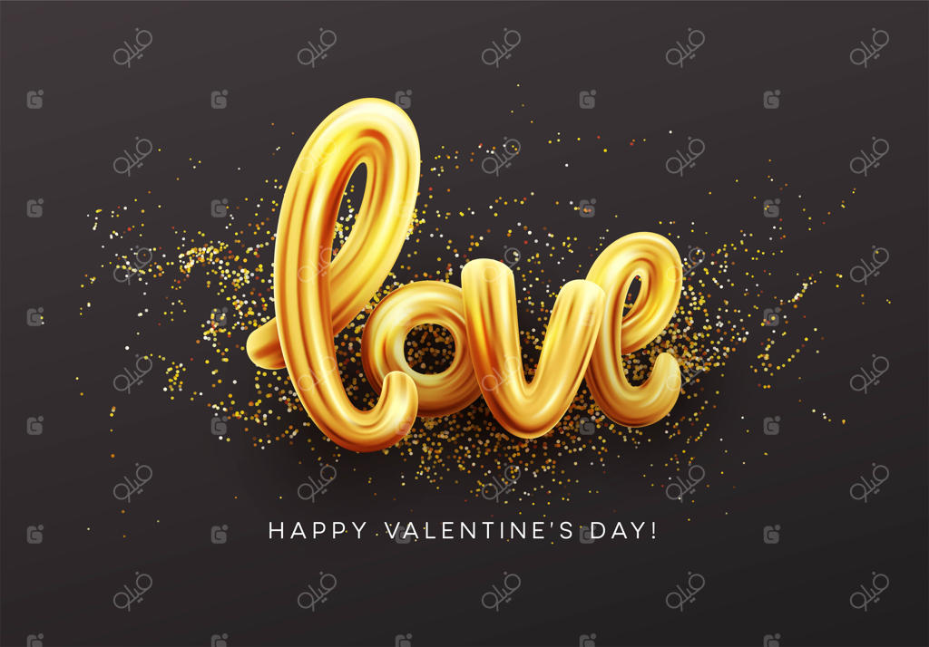 بادکنک‌های عشق با حروف طلایی: زمینه‌ای با بادکنک‌های درخشان فلزی براق. تصویرسازی وکتور eps10.