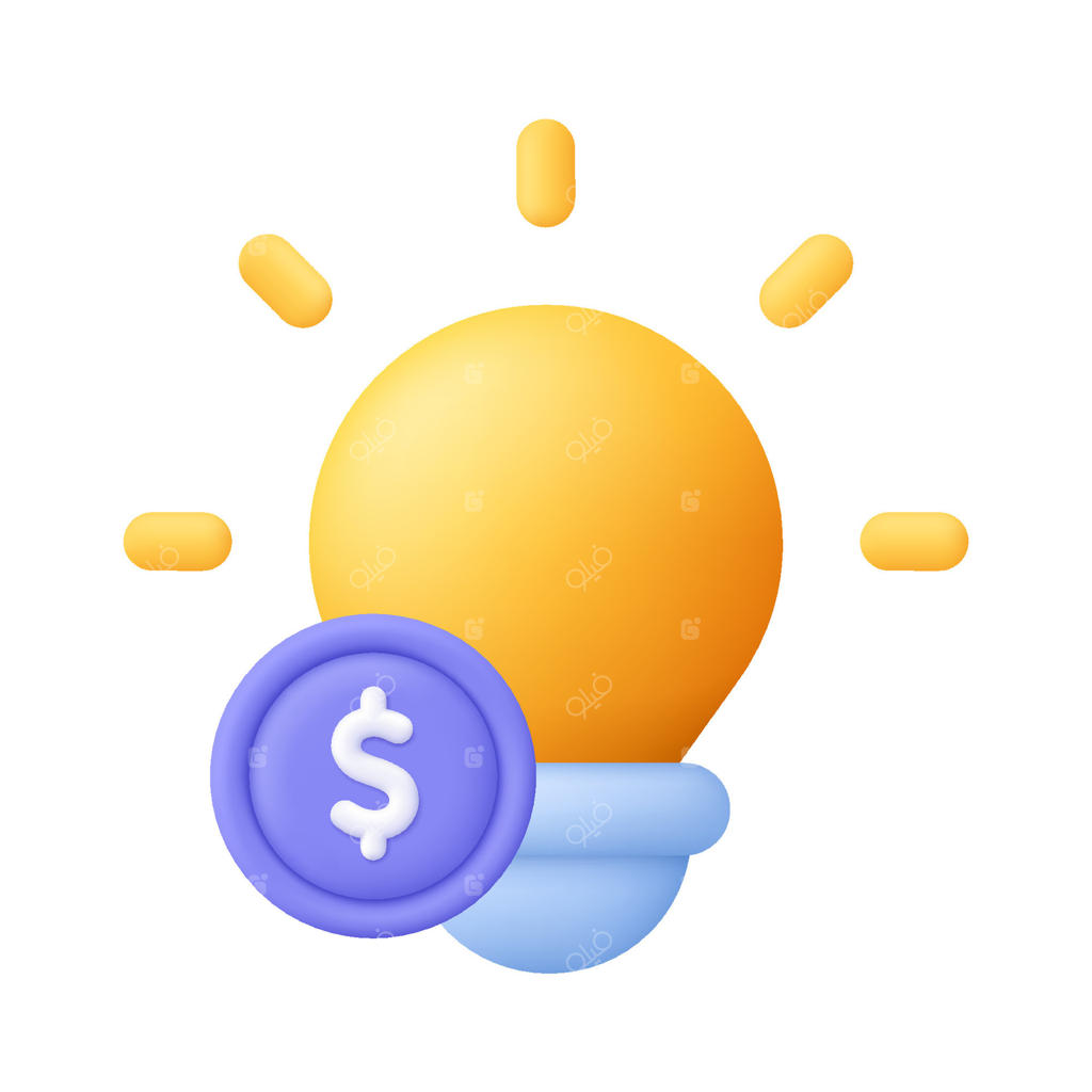 لامپ با سکه. راه‌حل ایده، تجارت و امور مالی. آیکون سه‌بعدی. سبک ساده کارتونی.