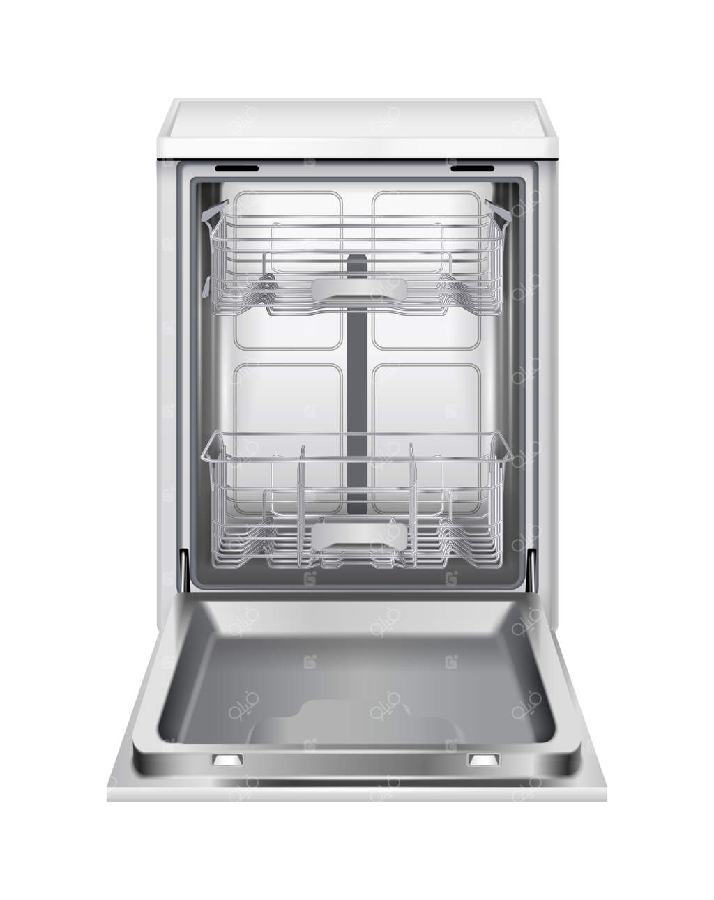 ترکیب واقعی ماشین ظرفشویی با نمایی از دستگاه شستشوی ظروف با درب باز - تصویر وکتور