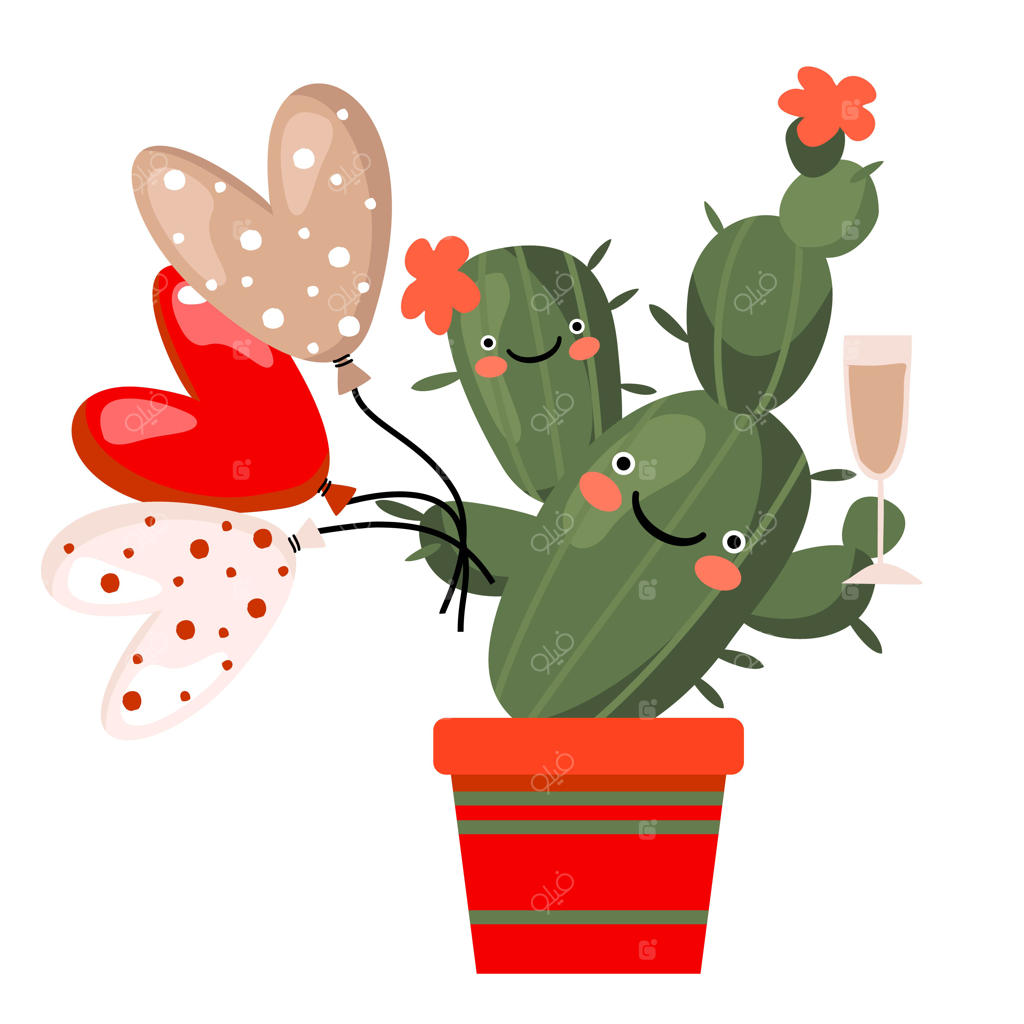 یک کاکتوس شاد با بادکنک‌ها و یک لیوان.