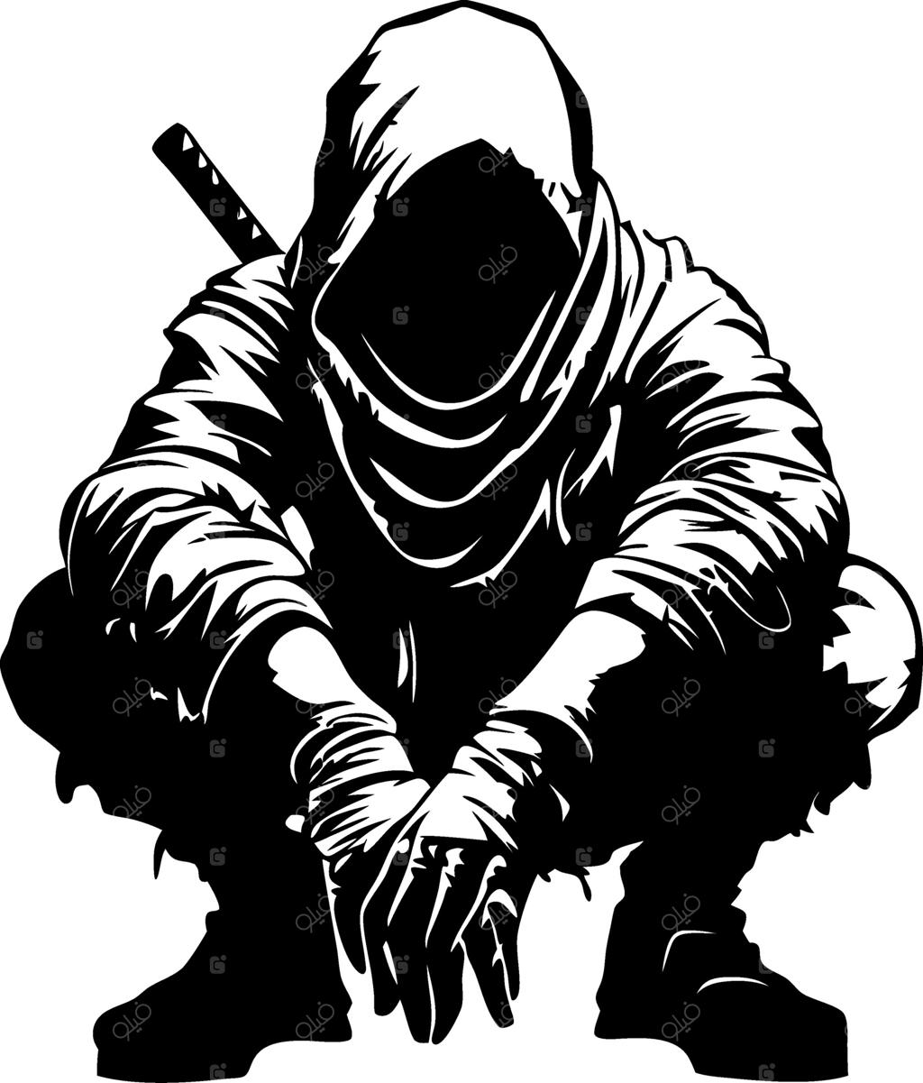 طرح سیلوئت نینجا در ژست رزمی، مناسب برای تتو و طراحی گرافیک