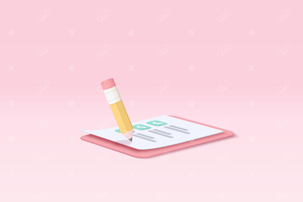 تخته شاسی سفید سه‌بعدی و چک‌لیست مدیریت کارها با مداد، مفهوم برنامه‌ریزی موثر پروژه، پیشرفت سریع و ارتقای سطح، آیکون لیست تکالیف و امتحان، رندر وکتور در پس‌زمینه صورتی