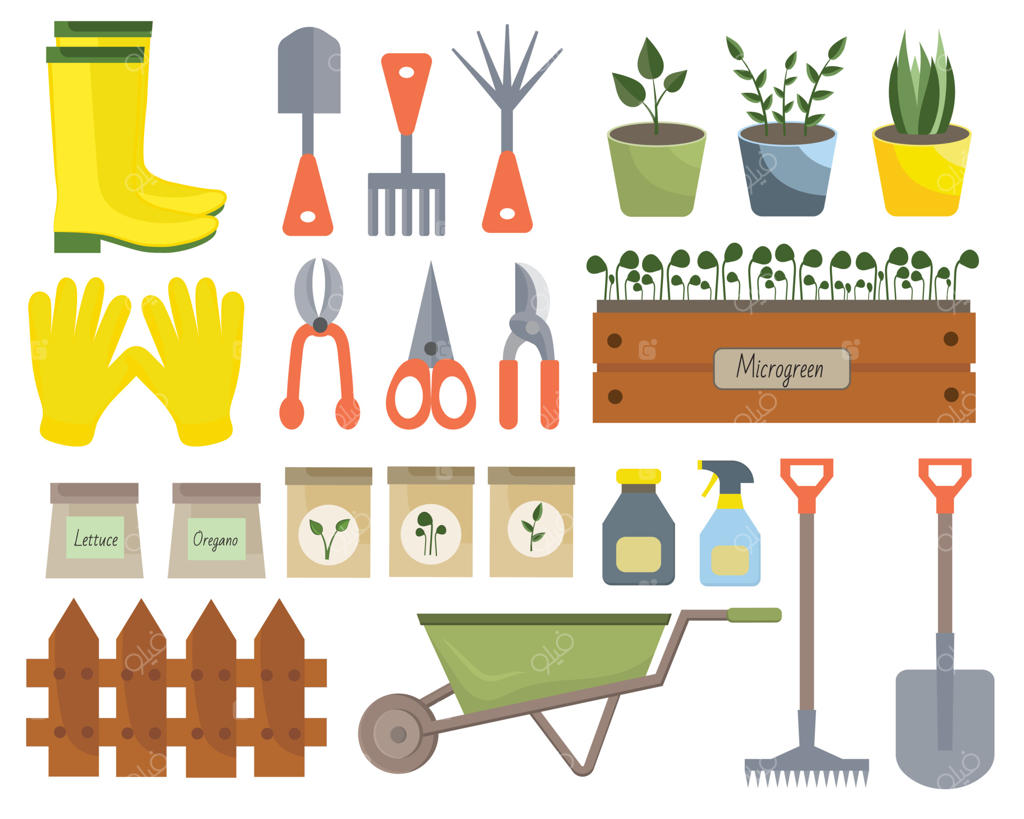 مجموعه‌ای از ابزارهای باغبانی شامل چکمه‌های لاستیکی، نهال، آبپاش، قیچی، فرغون، بیل، چنگک و سطل، مناسب برای کشاورزی و باغبانی.