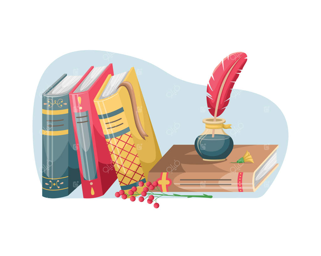 کتاب‌ها روی میزی با دوات و قلم قرار دارند. کتاب‌هایی در فضای داخلی. آموزش و مطالعه.