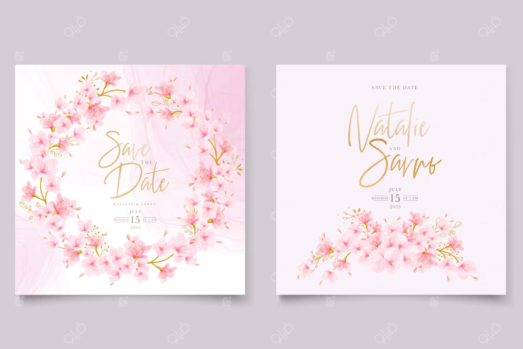 ست کارت های آبرنگی با طرح شکوفه های گیلاس و برگ‌ها