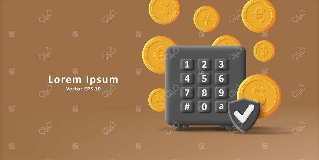 تصویرسازی دیجیتالی از یک گاوصندوق با قفل رمزی و سکه‌های طلایی همراه با سپر امنیتی