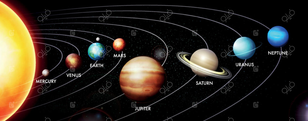 تصویر وکتور واقع‌گرایانه از منظومه شمسی با خورشید، عطارد، زهره، زمین، مریخ، مشتری، زحل، اورانوس و نپتون. نمایش هشت سیاره در پس‌زمینه جهان.