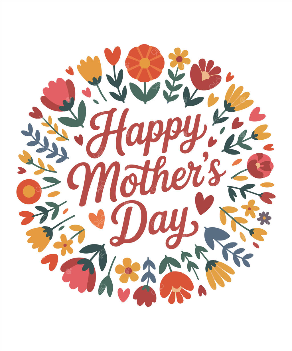 تصویرسازی تایپوگرافی روز مادر با گل‌ها و قلب‌های رنگارنگ