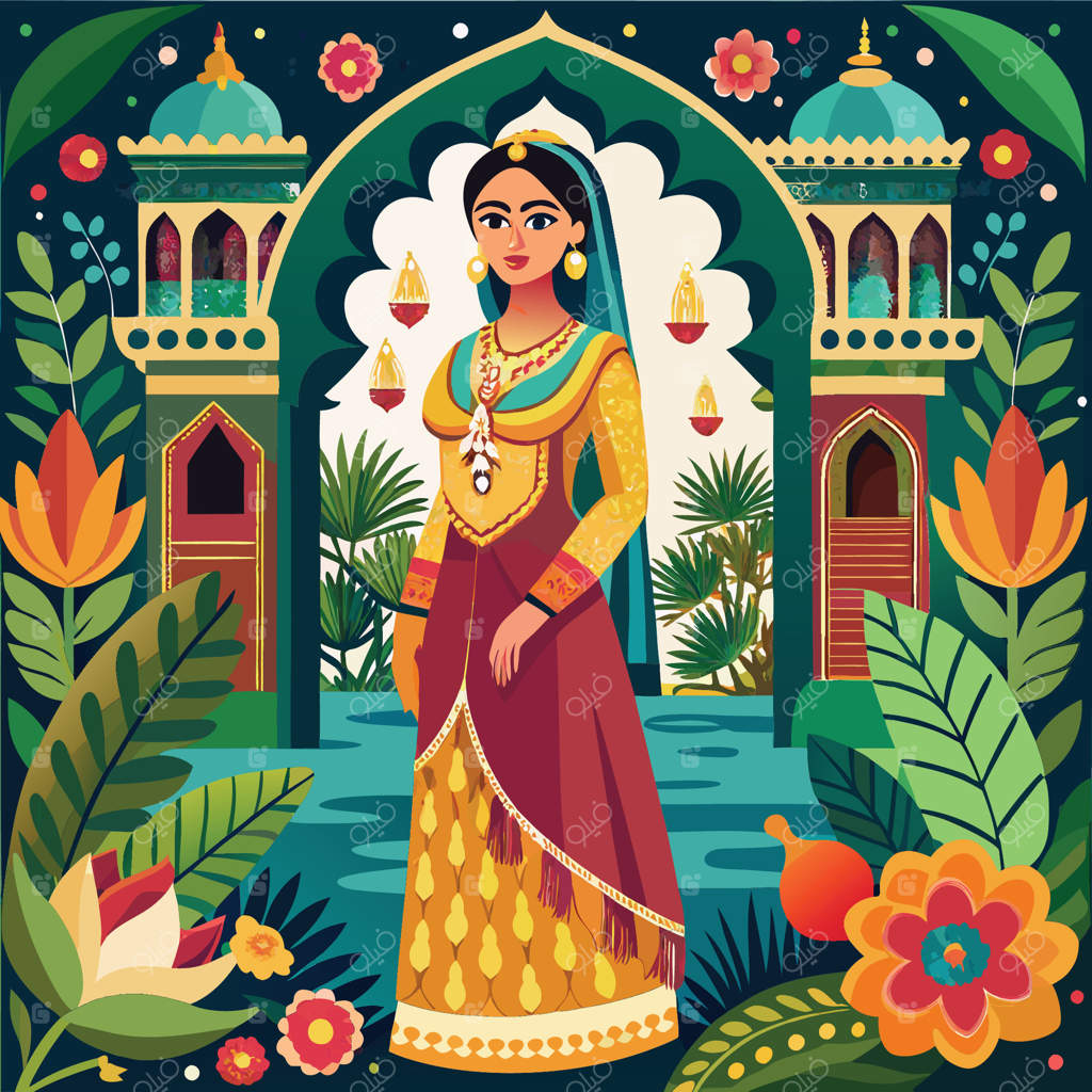 پرتره زنی در لباس سنتی در باغ مجلل مغولی با طاق‌ها