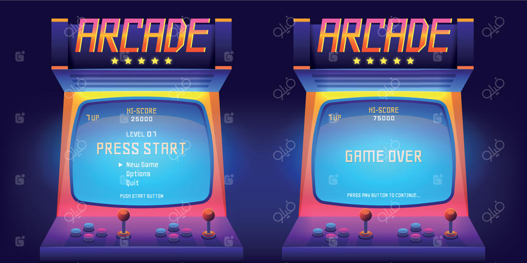 صفحه بازی آرکید. رابط کاربری شروع و پایان بازی به سبک رترو دهه ۸۰ و دستگاه‌ بازی‌های ویدیویی دهه ۹۰. مانیتور کنسول وکتور