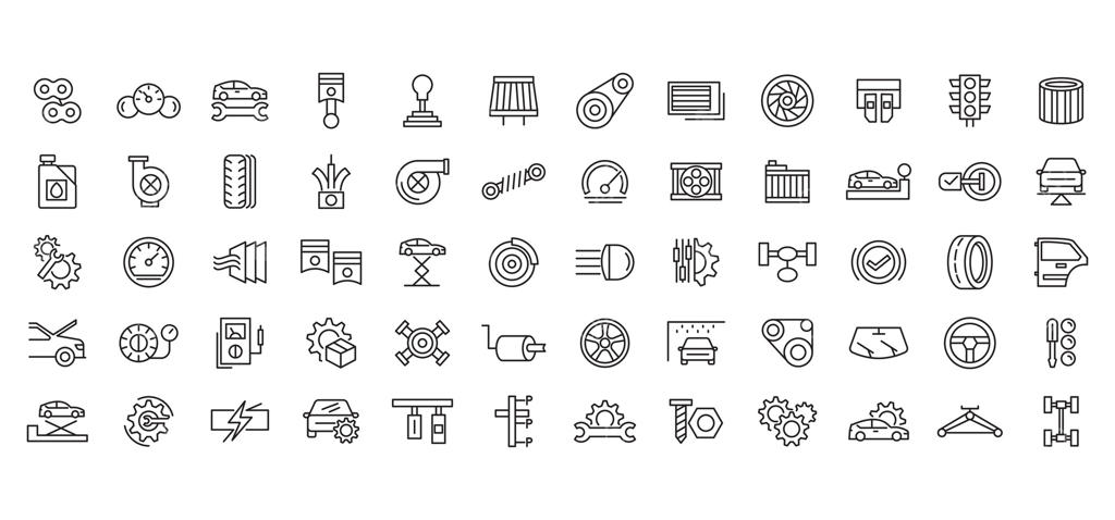 مجموعه آیکون خطی تعمیر خودرو: قطعات یدکی، خدمات خودرو، تعویض قطعه، سیستم، انرژی، شستشو، فروشگاه، روغن، بسته آیکون تعمیر و نگهداری