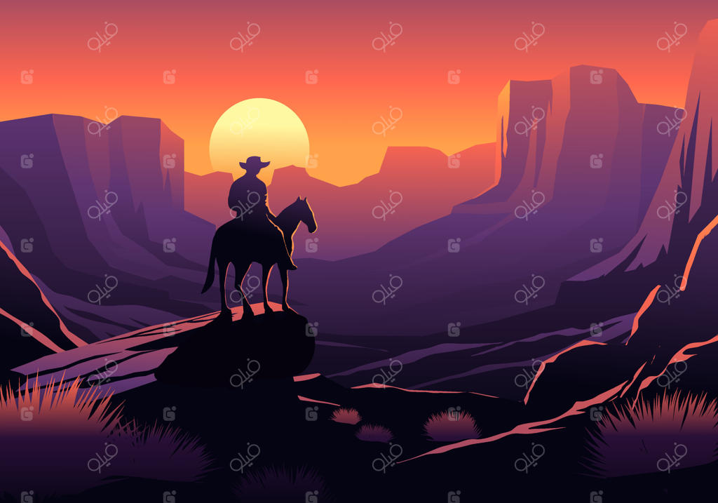 تصویرسازی منظره غروب بیابان با گاوچران سوار بر اسب