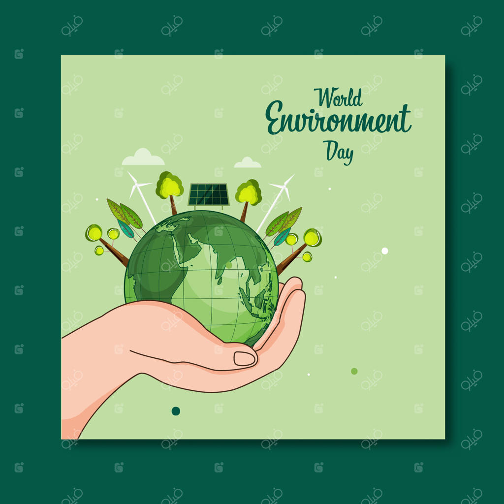 پوست روز جهانی محیط زیست با تصویر فردی که زمین، درخت، پنل خورشیدی و توربین بادی در دست دارد برای انرژی‌های تجدیدپذیر و آینده‌ای سبز.