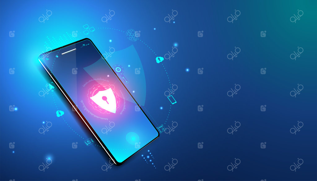 طرح انتزاعی امنیت سایبری با تلفن همراه و آیکون‌ها