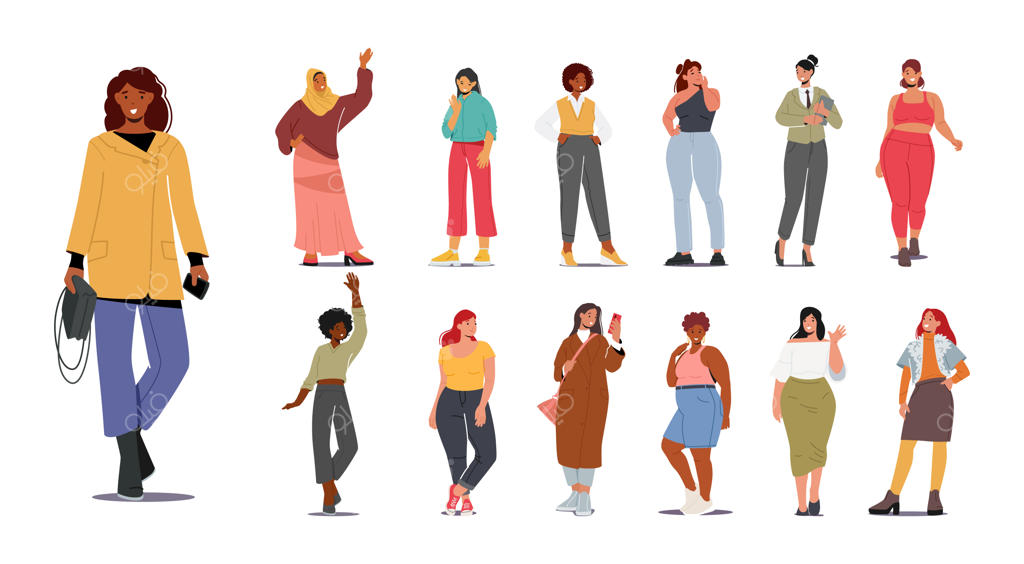 مجموعه‌ای از شخصیت‌های زن چند ملیتی: زنان سفیدپوست، عرب، آفریقایی یا آسیایی با لباس‌های مد روز، دختران چند قومیتی