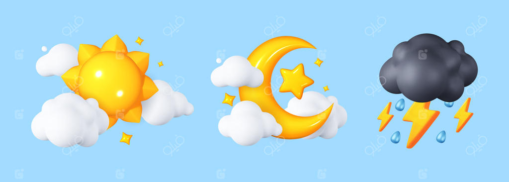 وکتور حرفه‌ای آیکون‌های رنگارنگ آب و هوا با طرح خورشید، ماه و ابر