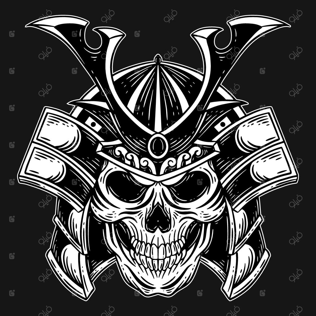 نقاشی دستی ماسک اونی جنگجوی اسکلت ژاپنی به سبک کنده‌کاری هنر تاریک