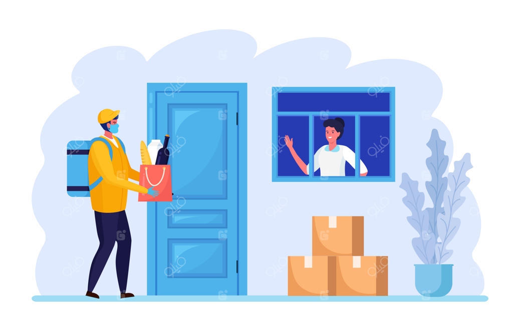 تحویل امن و بدون تماس به منزل: پیک با ماسک محافظ و کیسه مواد غذایی در کنار در. قوانین قرنطینه.