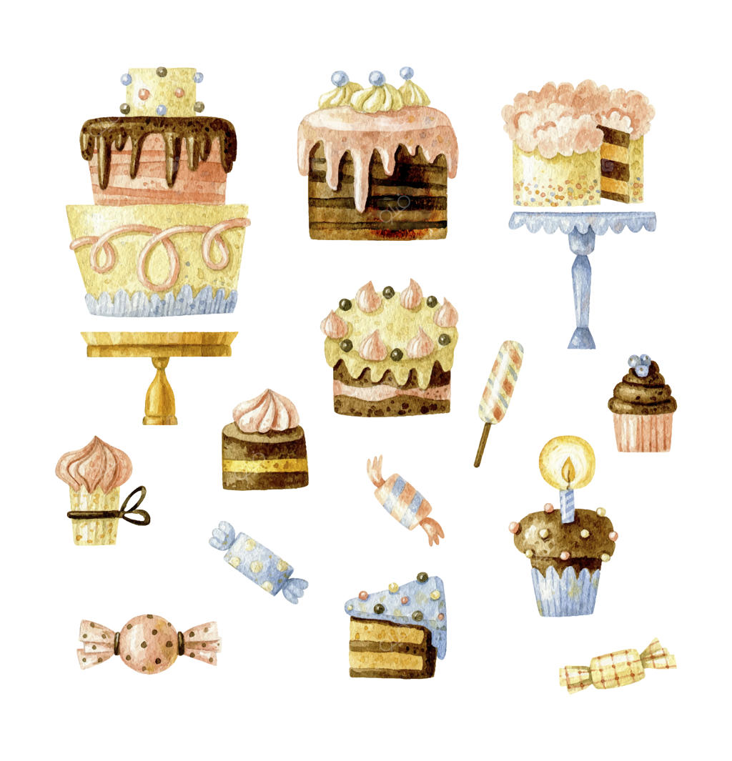 مجموعه نان و شیرینی با طراحی دستی شامل اجزای قنادی و دسرها