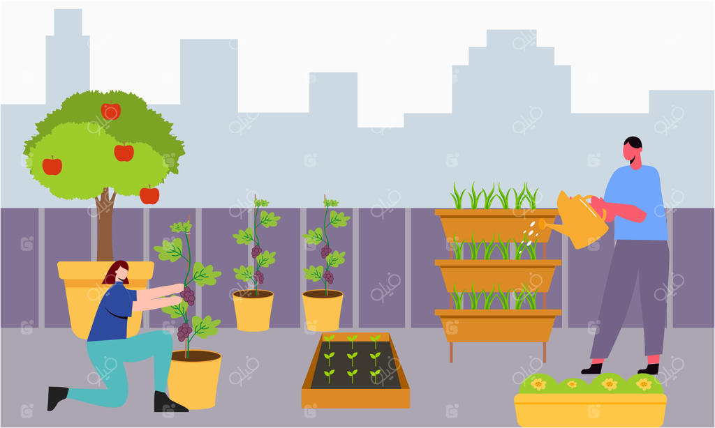 تصویر چیدمان با هم باغبانان و کشاورزان روی سقف سبز