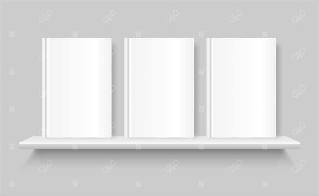 کتاب‌های سفید و خالی روی کتابخانه. جلد بی‌نوشته کتاب. قفسه‌ای بر دیوار خاکستری.