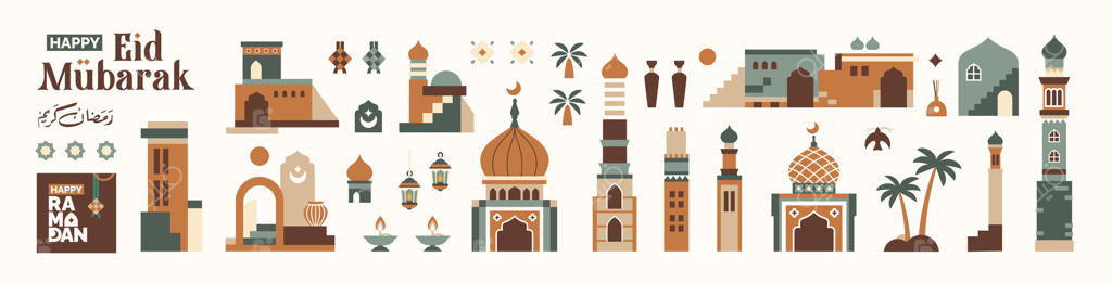مجموعه نمادهای رمضان و عید فطر: تصاویر ساختمان مسجد، گل‌ها، خانه‌ها، مناره‌ها و نمادهای اسلامی