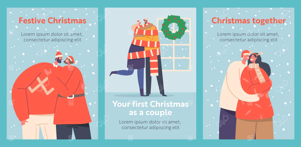 بنرهای کارتونی با شخصیت‌های زن و مرد که کریسمس را با عشق در آغوش یکدیگر جشن می‌گیرند